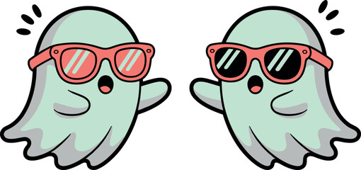 Naklejka premium Two cute, cartoon-style ghosts wearing pink-framed sunglasses, looking surprised or excited, isolated vector illustration.