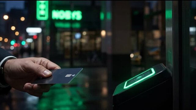 Contactless Payment System: A man's hand holds a credit card near a glowing terminal, ready to make a secure, touch-free transaction at an outdoor payment point with a neon sign in the background.