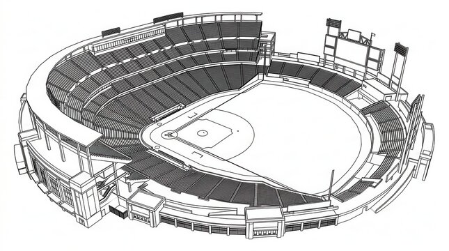 Black and white line art illustration of a large baseball stadium arena viewed from a high angle perspective point