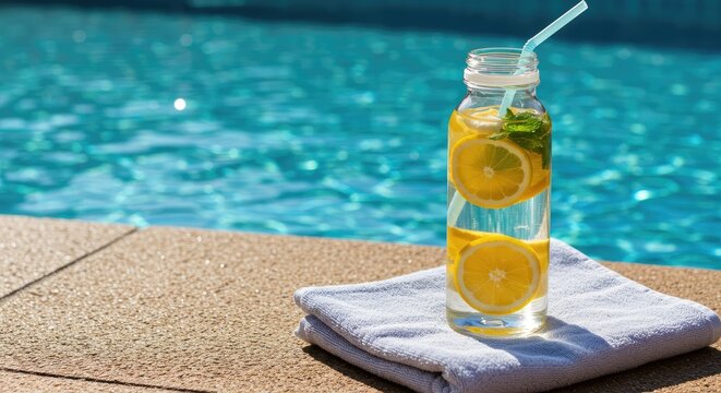Refreshing glass of orange juice with ice cubes on sandy beach.