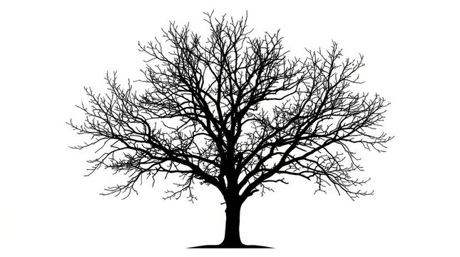 Large bare tree silhouette with detailed branches isolated on a plain white background for professional nature design