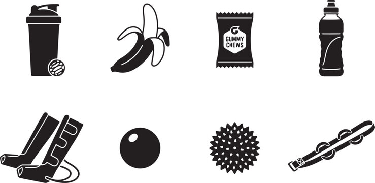 Set of black fitness and sports equipment icons including food supplies and gym accessories