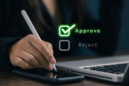 Businesswoman approving a digital request on a tablet with virtual approval interface, representing workflow management, business verification, document authorization, and online approval.