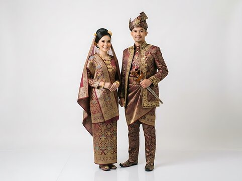 A portrait of an elegant Malay couple wearing traditional wedding attire standing against a clean white background