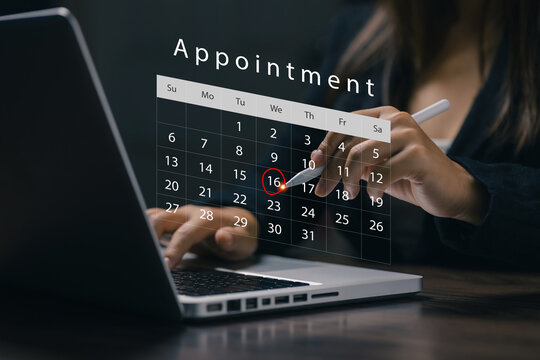 Businesswoman scheduling an online appointment using a digital calendar interface, representing time management, business planning, meeting organization, booking, and productivity.
