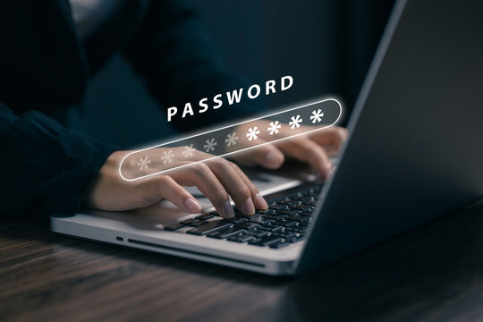 Businesswoman entering a secure password on a laptop with digital authentication interface, representing cybersecurity, account protection, secure login, privacy, and online data security.