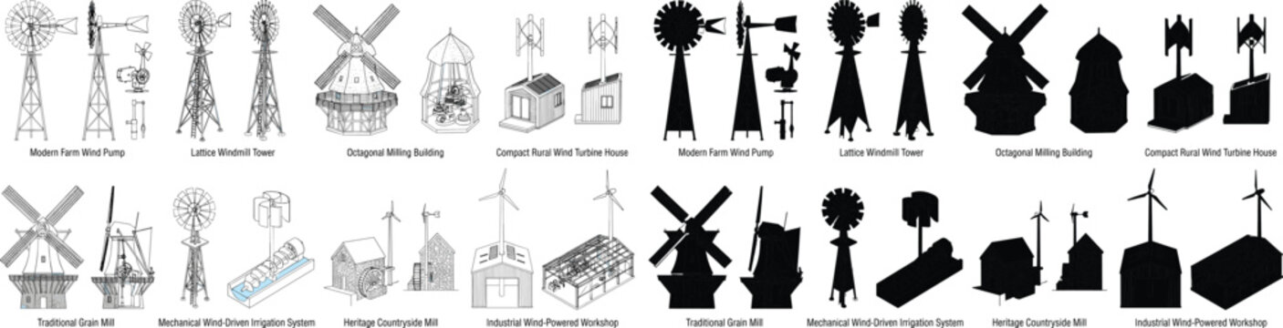 Windmill and Wind Turbine Line Drawing and Silhouette Vector Collection for Rural Energy and Agriculture