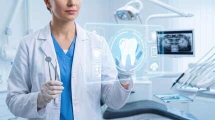 Fototapeta premium Dentist using digital interface for advanced oral health examination analysis