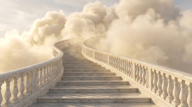 Stone staircase ascending into ethereal white clouds.