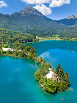 Aerial view of Lake Doxa with Agios (saint) Fanourios chapel in Peloponnese, Greece