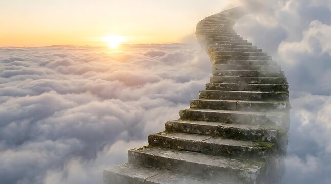 Stone staircase rising through white clouds towards golden sunset.
