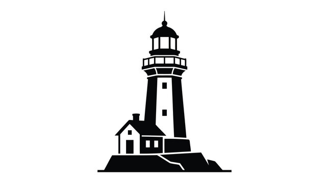 Black lighthouse icon with house on rocky coast