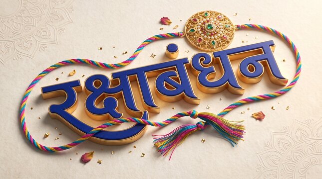 luxurious festive composition featuring bold 3D Devanagari typography reading "रक्षाबंधन" in deep royal blue with polished gold bevelled edges and soft inner shadows