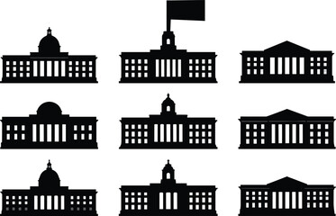 Government building and capitol silhouette vector icon set with domes and columns © Shahidul