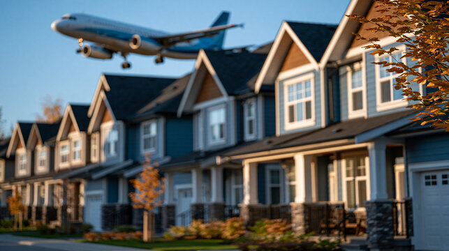 Commercial airplane flying low over suburban residential townhouses at sunset