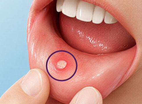 AI generated 3D medical illustration of painful mouth ulcer inner lip highlighting oral inflammation for healthcare education diagnosis biomedical research