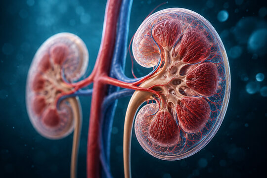 AI generated 3D medical illustration of human kidney cross section showing renal vessels cortex medulla collecting system for healthcare education biomedical research