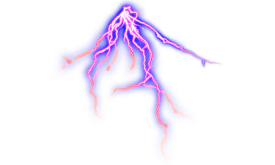 Obraz premium Purple lightning bolt effect. Electric storm discharge with neon glow isolated on transparent background. Magic energy spark graphic asset.