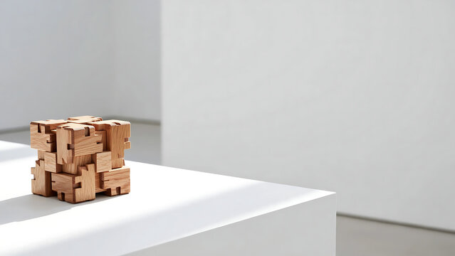 Wooden interlocking 3D puzzle cube brain teaser on white background minimalist studio setting