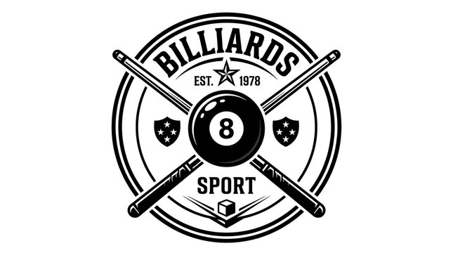 Billiards sport monochrome logo design with eight ball and crossed cues in vintage style vector illustration