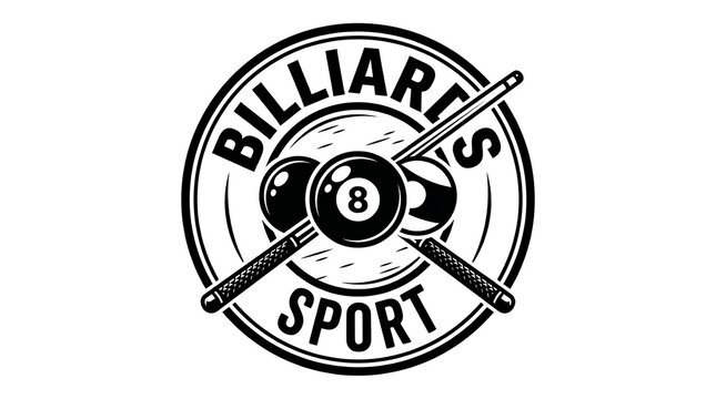 Black and white vintage billiards logo emblem with crossed cues and pool balls for sport design