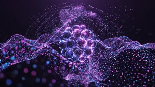 Abstract Molecular Structure with Glowing Spheres and Evolving Energy Particles