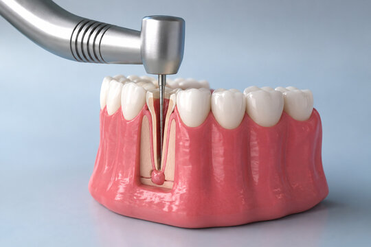 AI generated 3D medical illustration of root canal therapy endodontic file cleaning infected tooth pulp for dental education healthcare