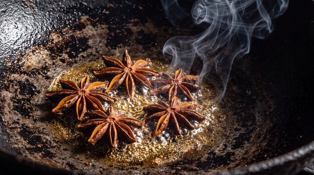Whole star anise pods sizzling in hot oil dark iron karahi tarka macro action shot