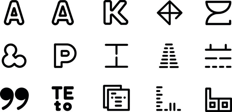 Set of fifteen flat black linear typography and text layout icons representing various formatting tools for design software.