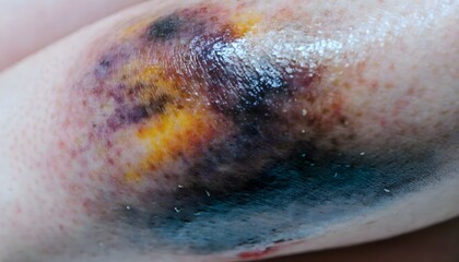 Fototapeta premium Shin bone contusion and severe impact bruise from sports injury, close up macro view for athletic trauma and rehab