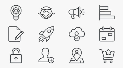 Fototapeta premium Minimalist Black and White Line Icons Set Featuring Business Technology and E commerce Concepts