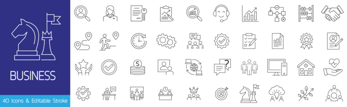 Business icon set vector. Minimal linear thin line icons for management, strategy, team, marketing, and success. Editable stroke graphics.Editable stroke, Vector illustration, Line art Icon, Symbols.