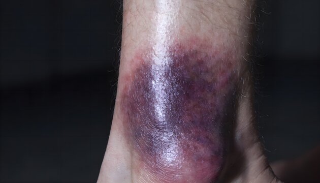 Severe shin impact contusion and bone bruising, leg trauma, personal accident, and health insurance concept reference