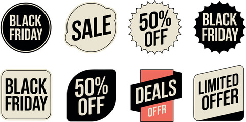 A set of eight promotional retail labels and badges featuring bold, modern typography and a minimalist black, beige, and red color scheme, designed for Black Friday and other sales events © Binoba