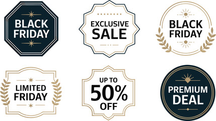 A collection of six elegant, vintage-style promotional retail badges and labels, featuring sophisticated typography and gold and dark blue color palettes, perfect for upscale "Black Friday"  © Binoba