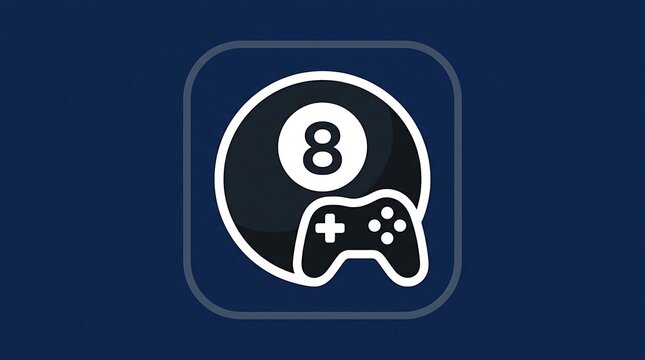 Minimalist Billiards Game Icon with 8 Ball and Controller Graphic on Dark Blue Background