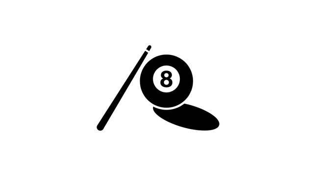Black and white minimalist billiards icon featuring an eight ball with a pool cue on a white background