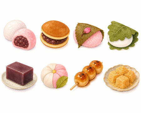 Japanese sweets watercolor illustration set with mochi and dango