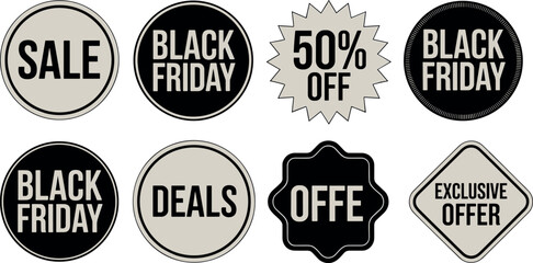 Fototapeta premium A set of eight promotional retail labels and badges featuring bold, modern typography and a minimalist black and beige color scheme, designed for Black Friday and other sales events.