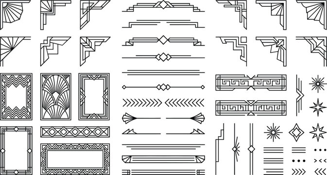 Art Deco Geometric Corner and Frame Set with Vintage 1920s Border, Divider, and Sunburst Design Elements