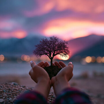 Hands holding a miniature tree seedling as a symbol of environmental protection