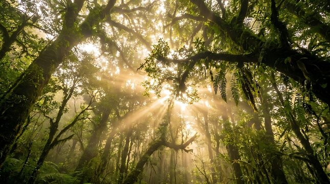 Sunbeams through dense mossy forest canopy.