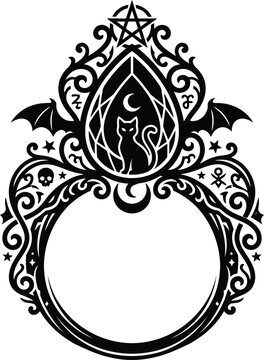Elegant halloween frame with black cat and crescent moon spooky decorative border for fall celebrations and occult designs