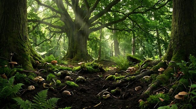 Sunbeams shining through lush green forest.