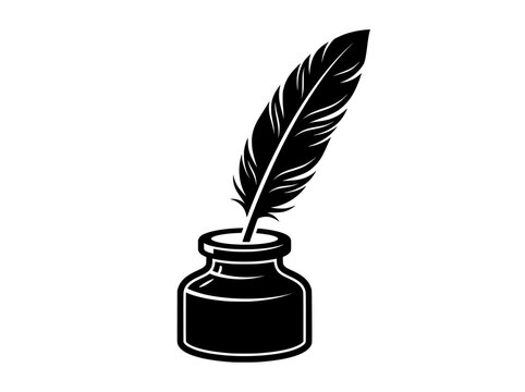 Vintage quill pen and inkwell vector illustration, classic black ink bottle with feather pen, antique writing tool icon for literature and history