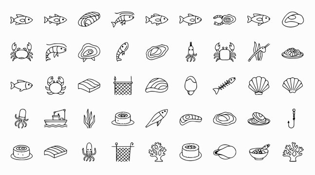 Seafood Icons: Fish, Shrimp, Oysters, Crabs, Lobster, Octopus, Shellfish