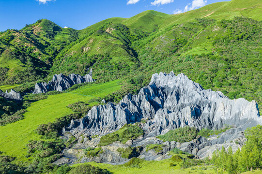 Sharp gray rock formations on a lush green mountain slope under a blue sky at Moshi Park, Sichuan, China
