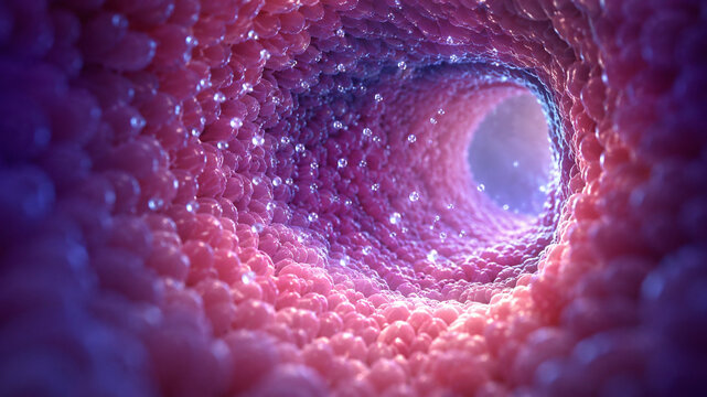 AI generated detailed intestinal lumen microstructure healthy epithelial surface microscopic fluid particles illustrating digestive anatomy medical education biomedical research