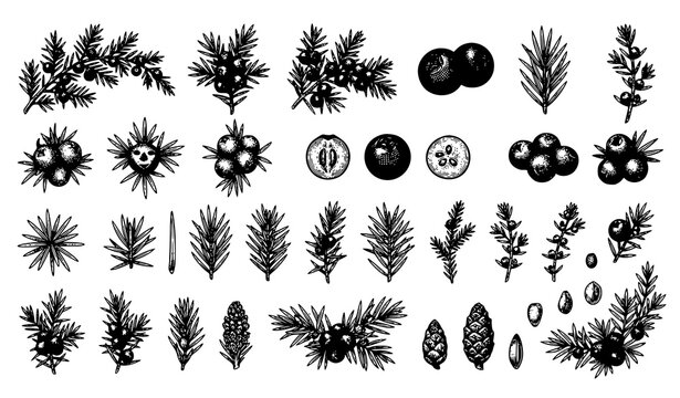 Vintage Juniper Berries and Leaves Engraving Style Botanical Vector Illustration Set