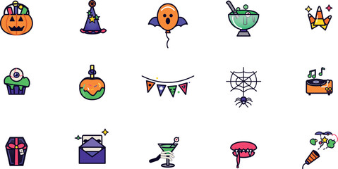 Naklejka premium A festive Halloween icon bundle set featuring spooky holiday celebration elements and cute colorful vector graphics